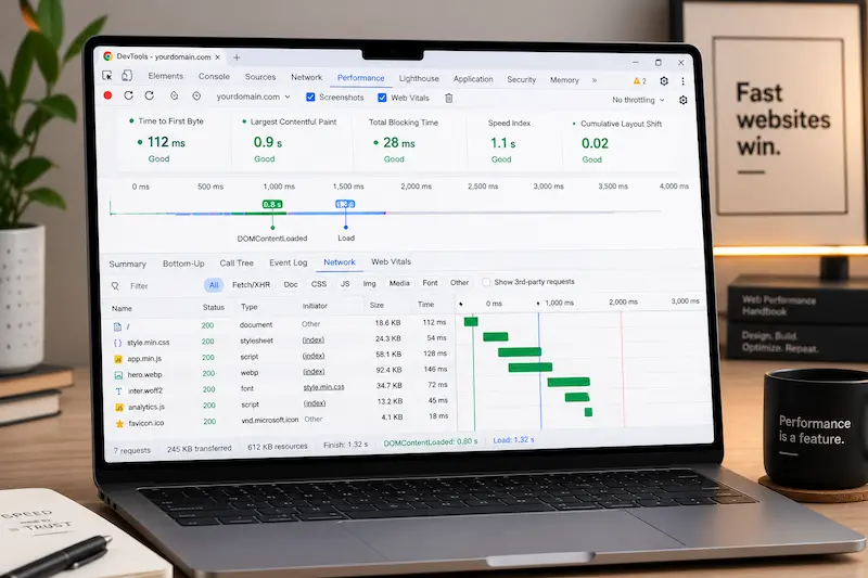 a modern, clean software interface mockup showing a chrome developer tools performance breakdown panel. The waterfall chart displays rows of assets turning from amber to solid green, highlighting a fast "Time to First Byte" (TTFB) and a 0.8-second DOM Content Loaded mark. Minimalist desk background with soft studio light.